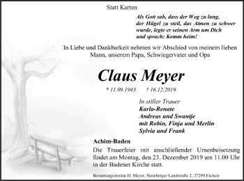 Traueranzeige von Claus Meyer von SYK