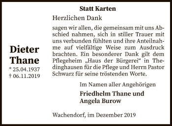 Traueranzeige von Dieter Thane von SYK