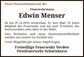 Traueranzeige von Edwin Menser von SYK