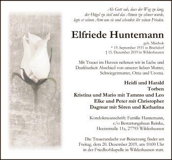 Traueranzeige von Elfriede Huntemann von SYK