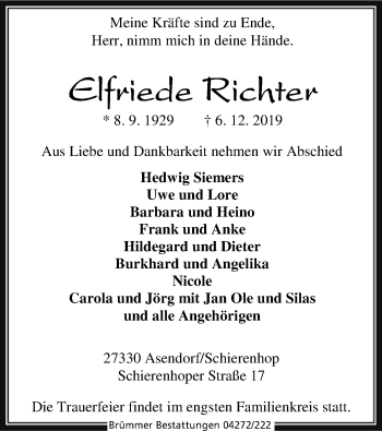 Traueranzeige von Elfriede Richter von SYK