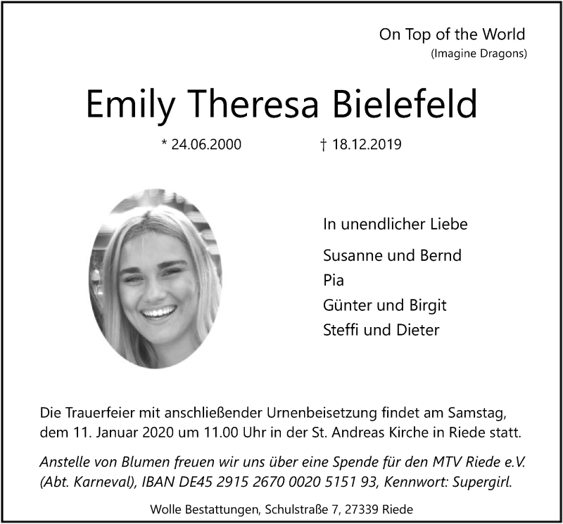  Traueranzeige für Emily Theresa Bielefeld vom 24.12.2019 aus SYK