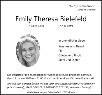 Traueranzeige von Emily Theresa Bielefeld von SYK