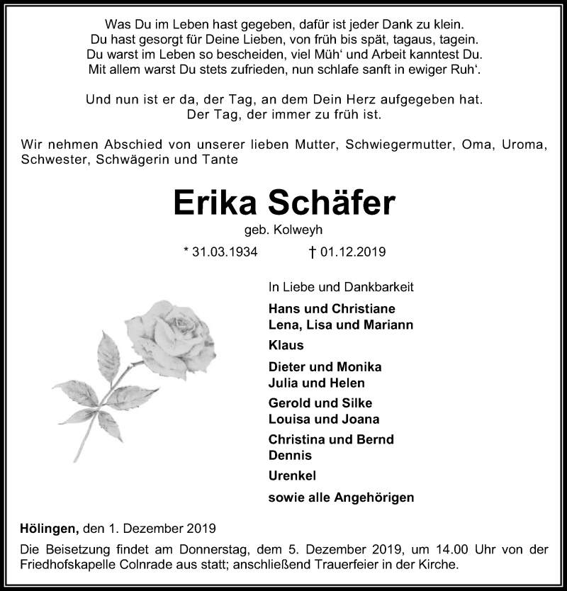  Traueranzeige für Erika Schäfer vom 03.12.2019 aus SYK