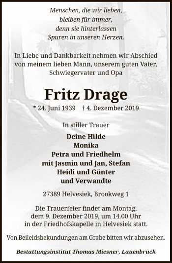 Traueranzeige von Fritz Drage von SYK