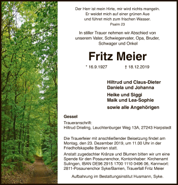 Traueranzeige von Fritz Meier von SYK