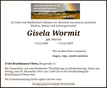 Traueranzeige von Gisela Wormit von SYK