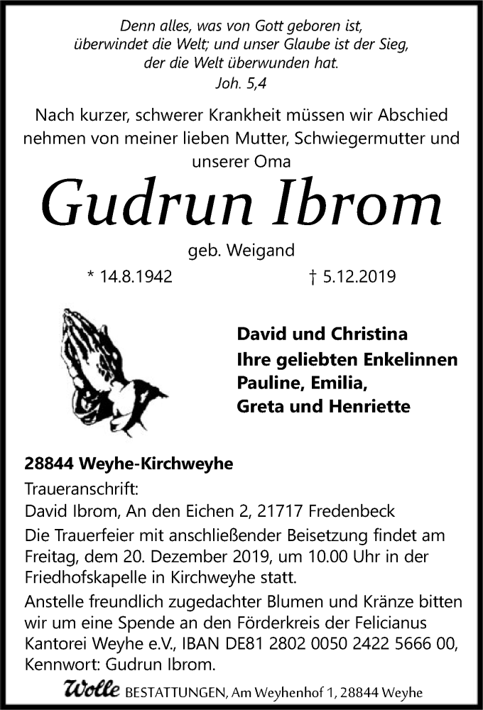  Traueranzeige für Gudrun Ibrom vom 14.12.2019 aus SYK