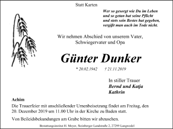 Traueranzeige von Günter Dunker von SYK