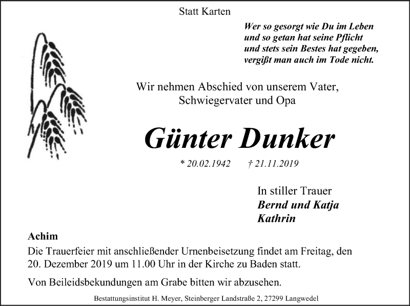 Traueranzeige für Günter Dunker vom 07.12.2019 aus SYK