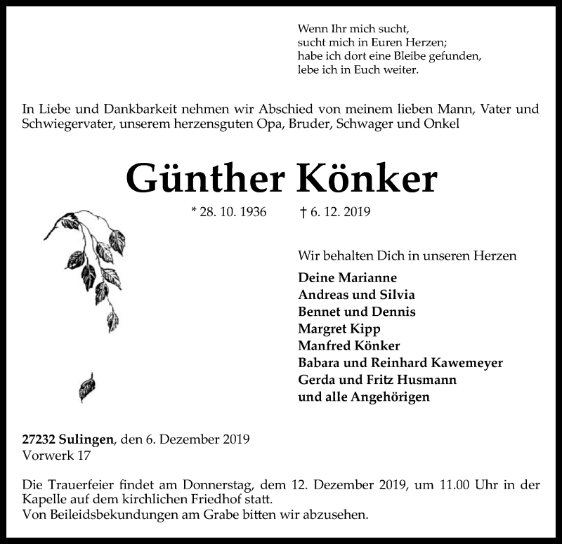  Traueranzeige für Günther Könker vom 10.12.2019 aus SYK