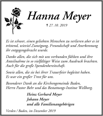 Traueranzeige von Hanna Meyer von SYK