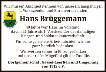 Traueranzeige von Hans Brüggemann von SYK