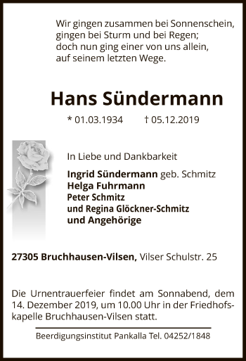 Traueranzeige von Hans Sündermann von SYK