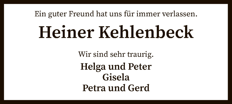  Traueranzeige für Heiner Kehlenbeck vom 03.12.2019 aus SYK