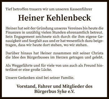 Traueranzeige von Heiner Kehlenbeck von SYK