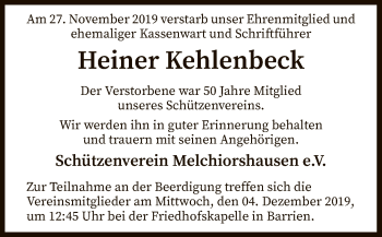 Traueranzeige von Heiner Kehlenbeck von SYK