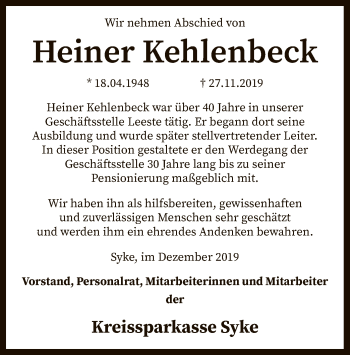 Traueranzeige von Heiner Kehlenbeck von SYK