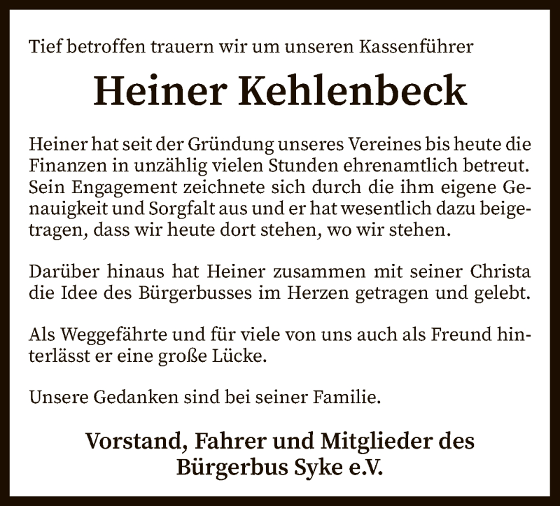  Traueranzeige für Heiner Kehlenbeck vom 03.12.2019 aus SYK
