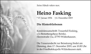 Traueranzeige von Heino Fasking von SYK