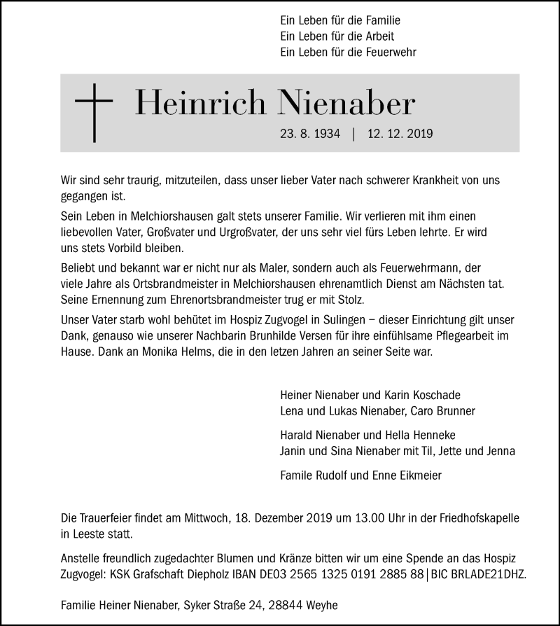  Traueranzeige für Heinrich Nienaber vom 14.12.2019 aus SYK