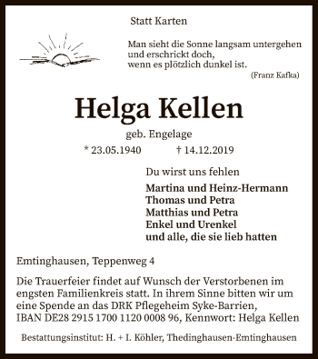 Traueranzeige von Helga Kellen von SYK