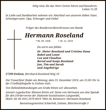 Traueranzeige von Hermann Roseland von SYK