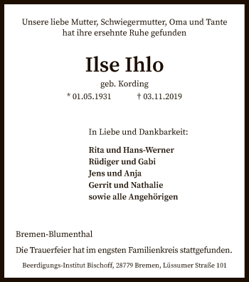 Traueranzeige von Ilse Ihlo von SYK