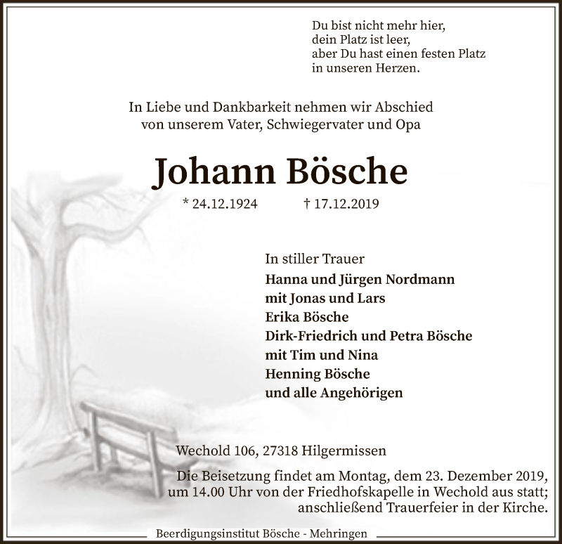  Traueranzeige für Johann Bösche vom 19.12.2019 aus SYK