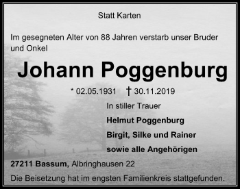 Traueranzeige von Johann Poggenburg von SYK