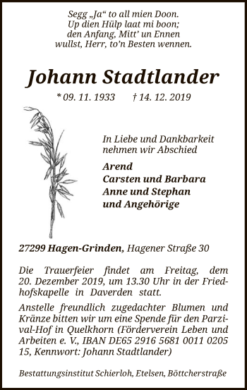 Traueranzeige von Johann Stadtlander von SYK