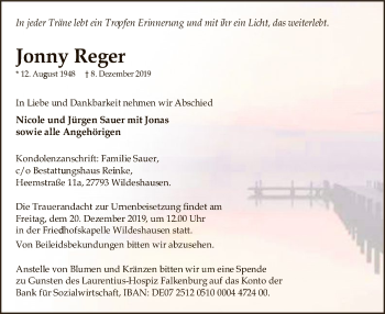 Traueranzeige von Jonny Reger von SYK