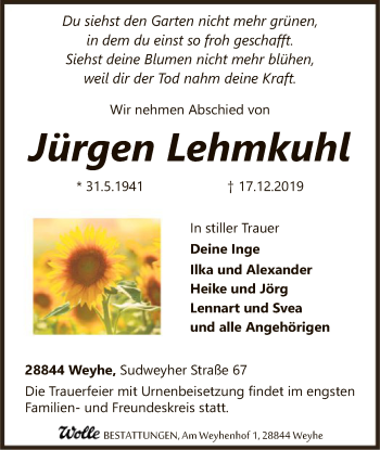 Traueranzeige von Jürgen Lehmkuhl von SYK