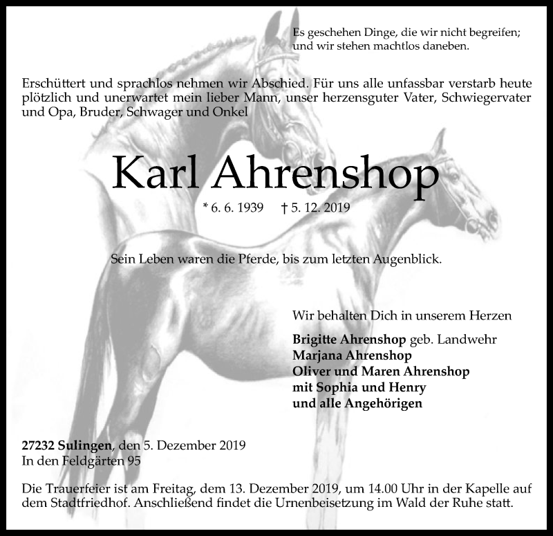  Traueranzeige für Karl Ahrenshop vom 07.12.2019 aus SYK