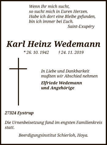 Traueranzeige von Karl Heinz Wedemann von SYK