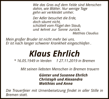 Traueranzeige von Klaus Ehrlich von SYK