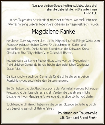 Traueranzeige von Magdalene Ranke von SYK