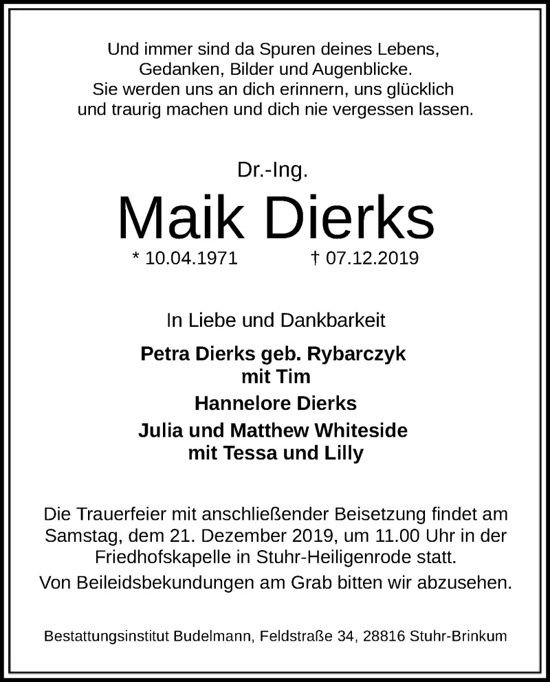  Traueranzeige für Maik Dierks vom 14.12.2019 aus SYK