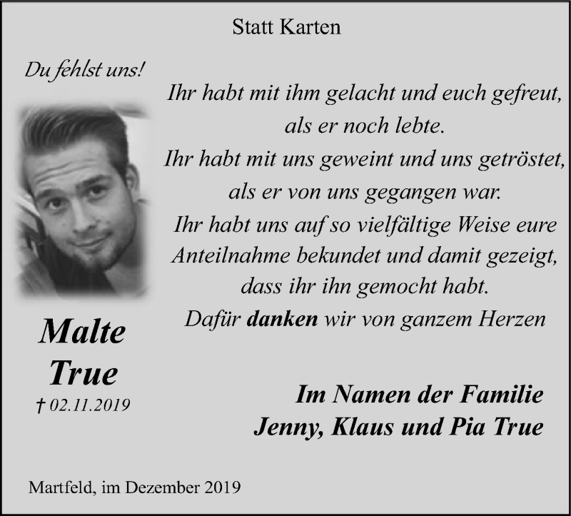  Traueranzeige für Malte True vom 14.12.2019 aus SYK