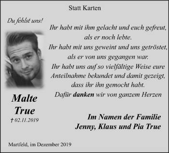 Traueranzeige von Malte True von SYK