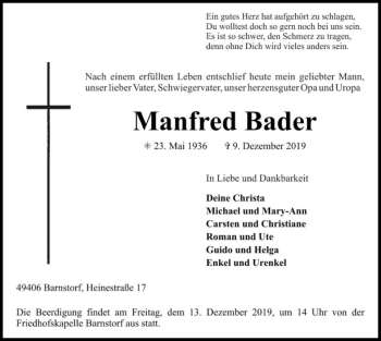 Traueranzeige von Manfred Bader von SYK