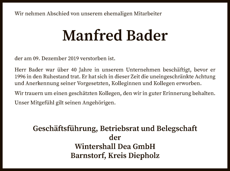  Traueranzeige für Manfred Bader vom 14.12.2019 aus SYK
