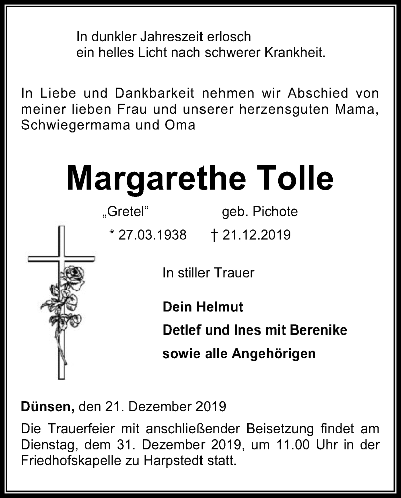  Traueranzeige für Margarethe Tolle vom 24.12.2019 aus SYK