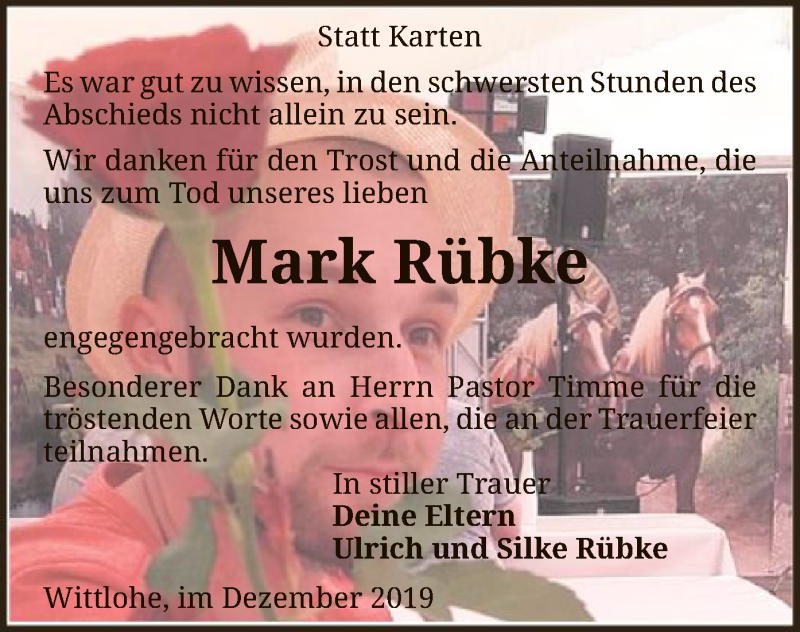  Traueranzeige für Mark Rübke vom 07.12.2019 aus SYK