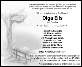 Traueranzeige von Olga Eils von SYK