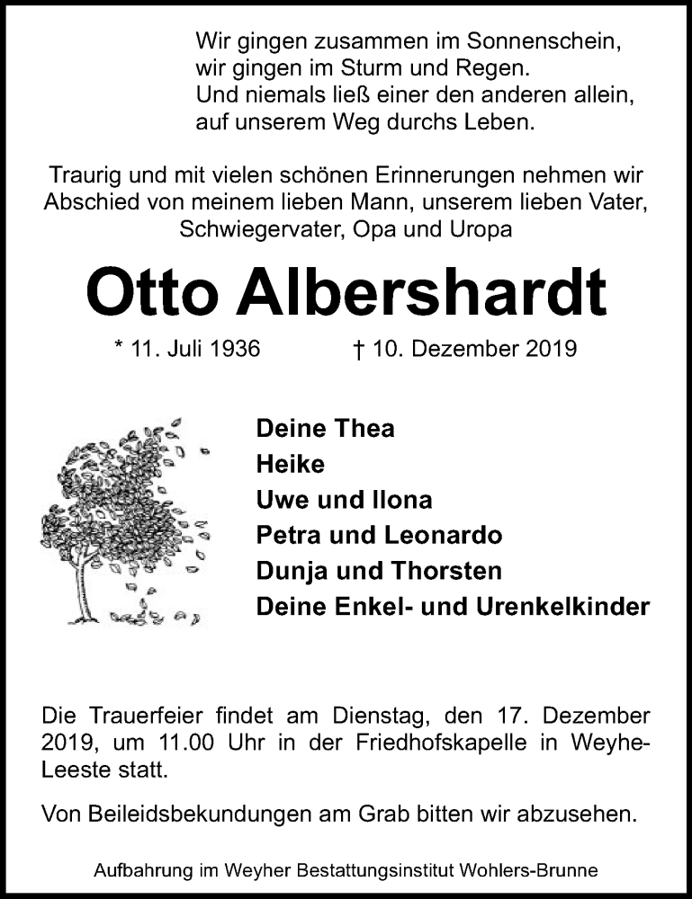  Traueranzeige für Otto Albershardt vom 13.12.2019 aus SYK