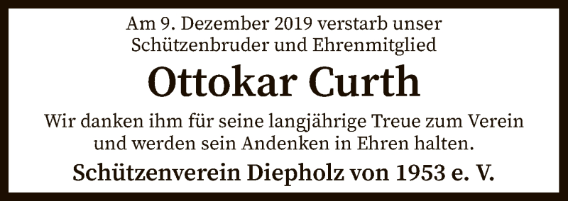  Traueranzeige für Ottokar Curth vom 10.12.2019 aus SYK