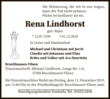 Traueranzeige von Rena Lindhorst von SYK