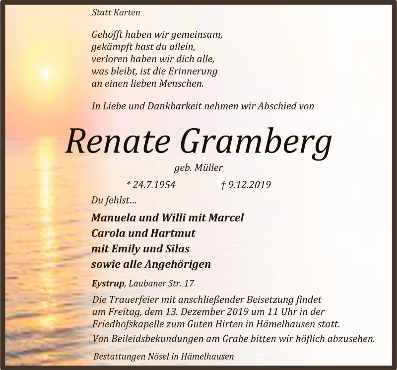  Traueranzeige für Renate Gramberg vom 11.12.2019 aus SYK