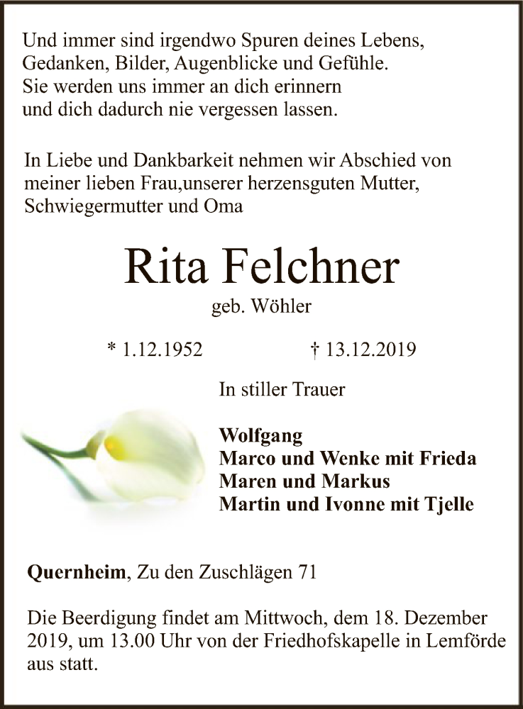  Traueranzeige für Rita Felchner vom 17.12.2019 aus SYK